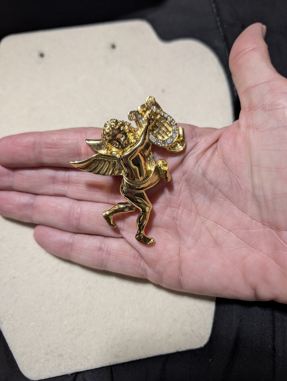 Givenchy Vintage Angel Pin Brooch Cherub Harp Rhinestone Gold Signed - Picture 5 of 14